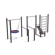 Спортивный комплекс для улицы из двух турников, качели Гнездо, брусьев, наклонной скамьи и шведской стенки